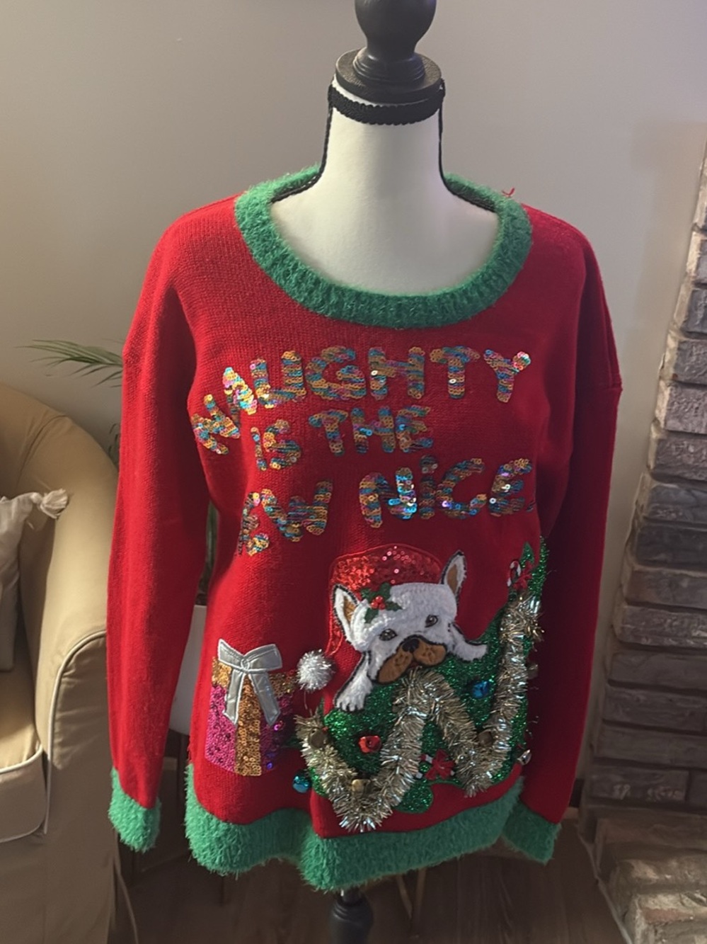 32 Degrees Red Holiday Sweater with Green Trim and Festive Dog Motif